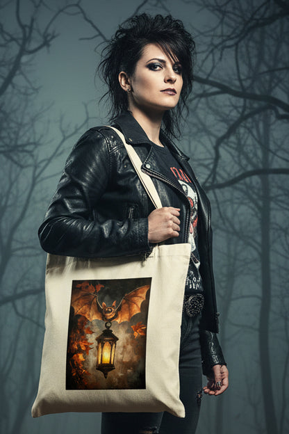 An off-white canvas tote bag with a large rectangular graphic print on the front. The print shows a bat with spread wings holding or beside a glowing lantern, surrounded by dark clouds and orange autumn leaves.