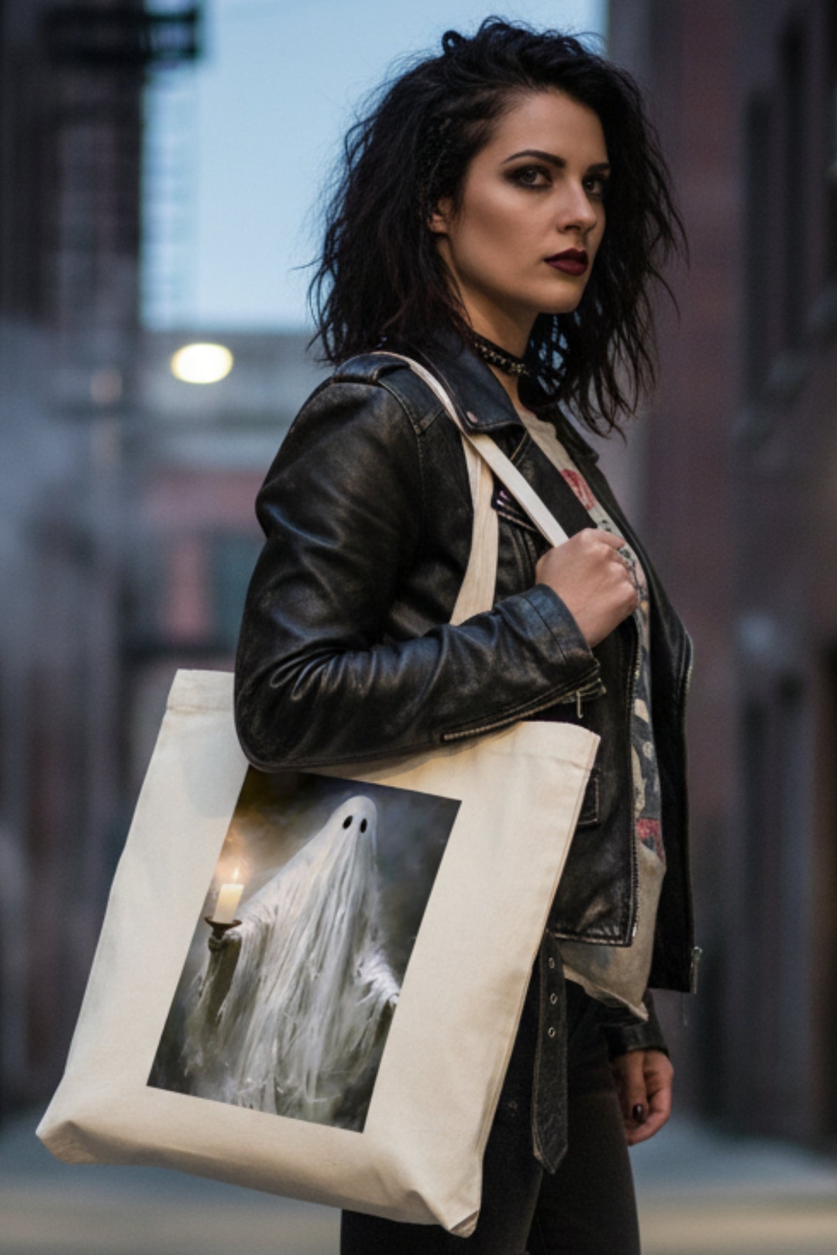 A cream-colored canvas tote bag featuring a printed graphic of a ghostly figure holding a lit candle, set against a plain white background.