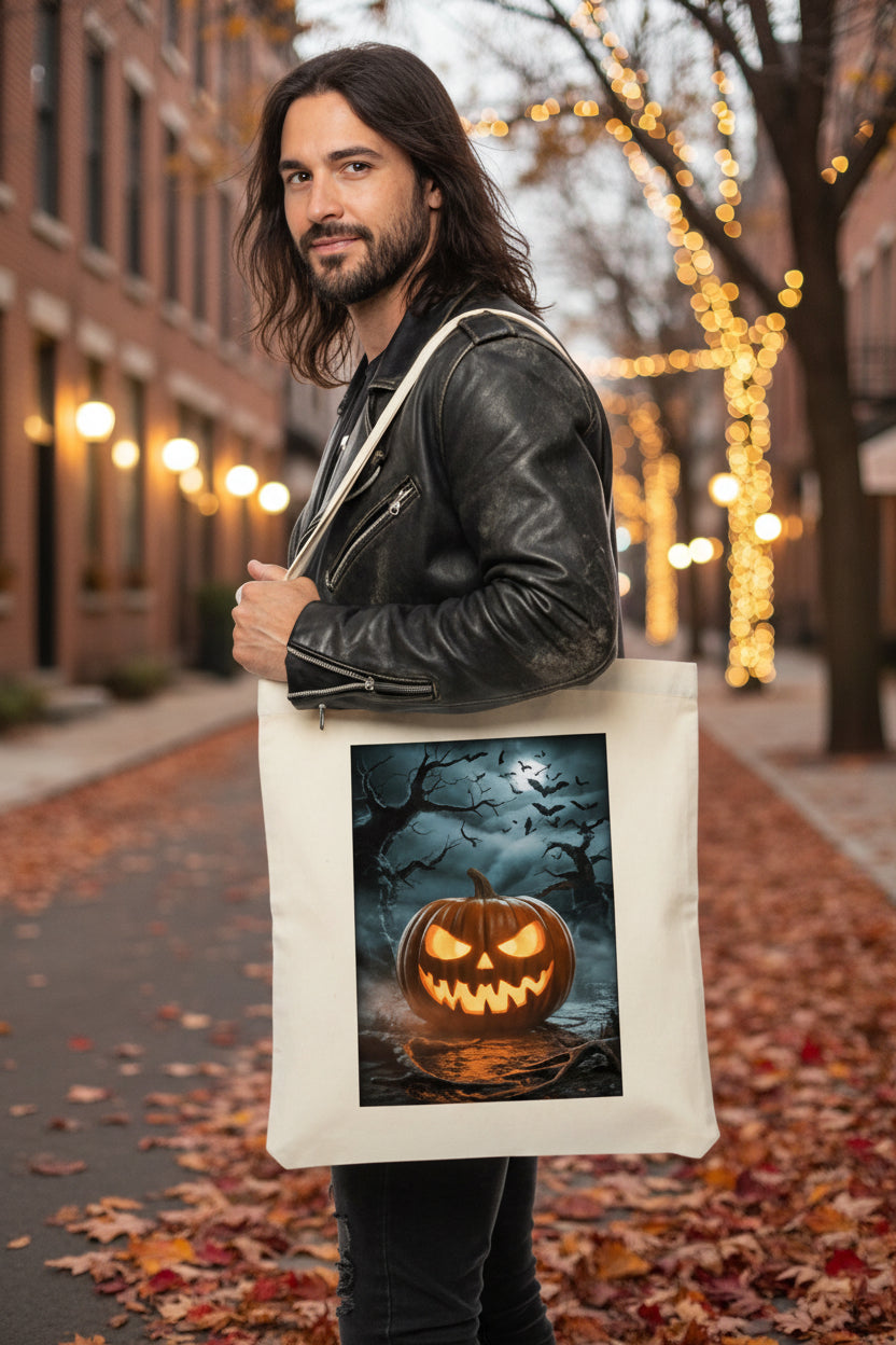 A cream-colored canvas tote bag featuring a rectangular graphic print of a glowing jack-o'-lantern pumpkin in a spooky, dark forest scene with bats and bare trees.