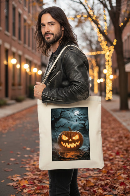 A cream-colored canvas tote bag featuring a rectangular graphic print of a glowing jack-o'-lantern pumpkin in a spooky, dark forest scene with bats and bare trees.