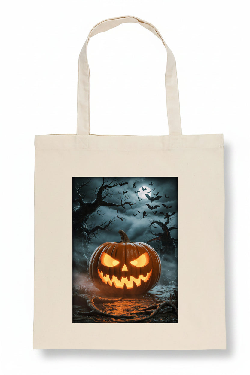 A cream-colored canvas tote bag featuring a rectangular graphic print of a glowing jack-o'-lantern pumpkin in a spooky, dark forest scene with bats and bare trees.