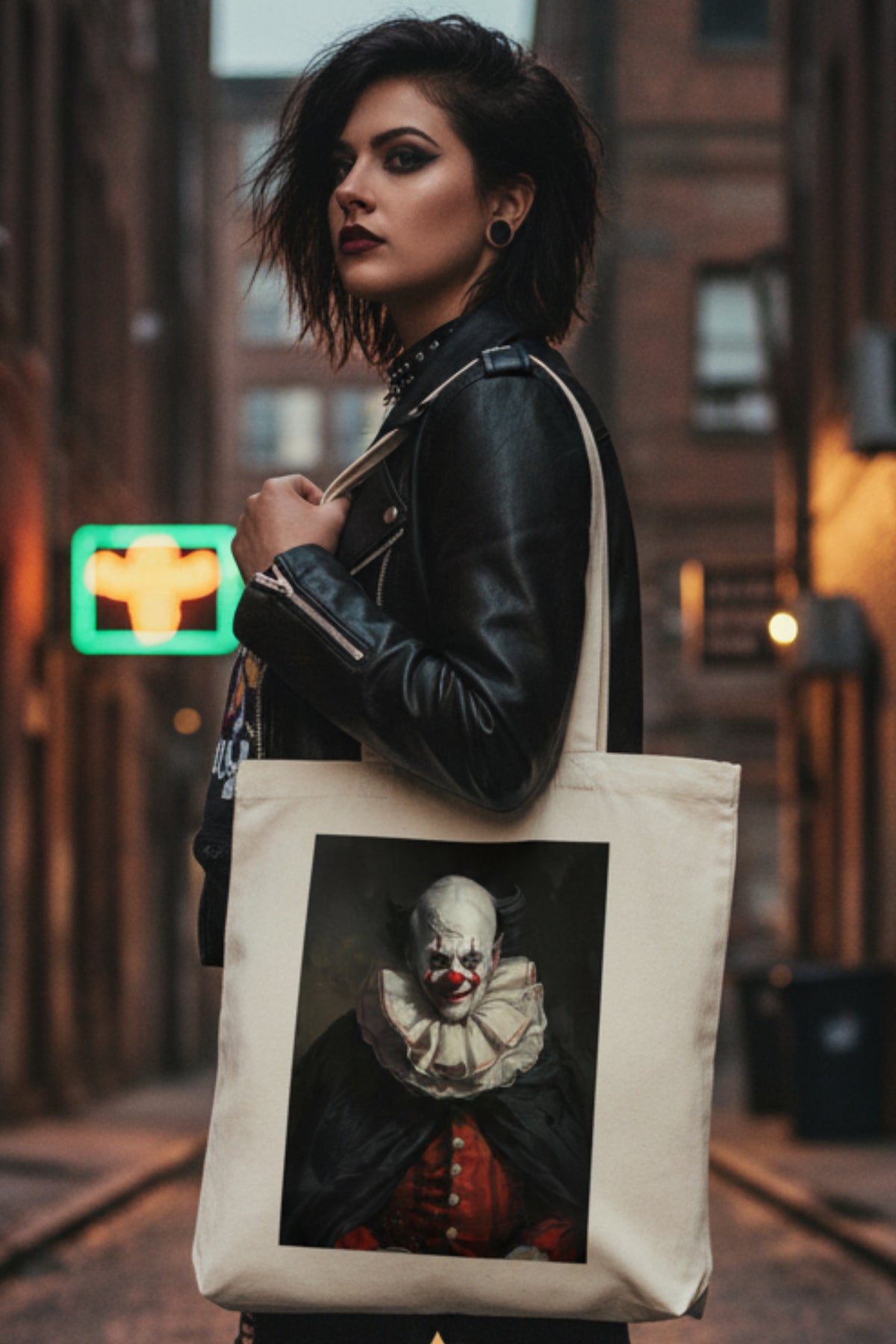 A natural canvas tote bag featuring a large rectangular graphic print of a creepy clown portrait in a dark painting style, shown against a plain white background.