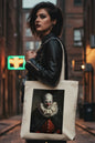 A natural canvas tote bag featuring a large rectangular graphic print of a creepy clown portrait in a dark painting style, shown against a plain white background.
