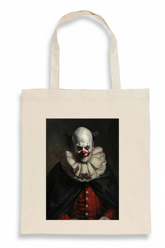 A natural canvas tote bag featuring a large rectangular graphic print of a creepy clown portrait in a dark painting style, shown against a plain white background.