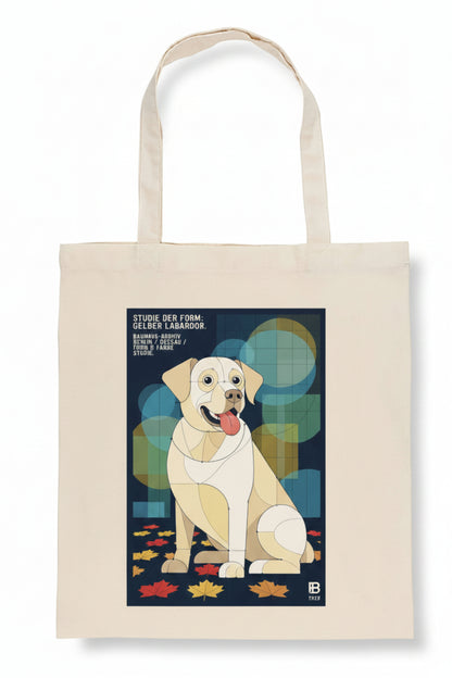A cream-colored canvas tote bag featuring a graphic print of a yellow Labrador Retriever sitting on a dark background with colorful geometric shapes and autumn leaves. The text on the print reads 'STUDIO WORK FIRM GELBER LABRADOR'.