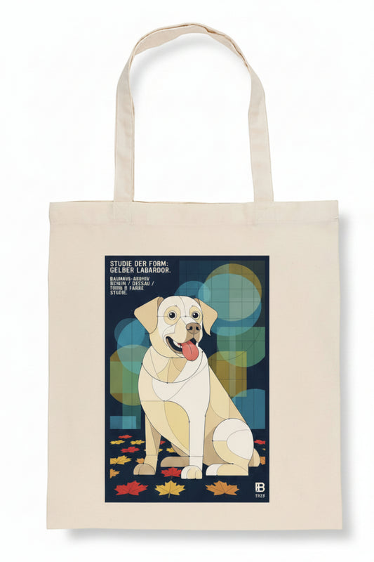 A cream-colored canvas tote bag featuring a graphic print of a yellow Labrador Retriever sitting on a dark background with colorful geometric shapes and autumn leaves. The text on the print reads 'STUDIO WORK FIRM GELBER LABRADOR'.