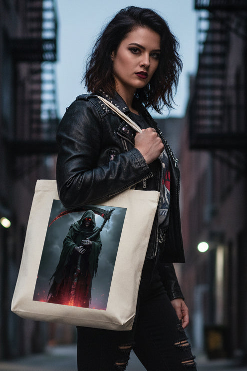 A cream-colored canvas tote bag with a large graphic print of a hooded grim reaper holding a scythe with glowing red blades, set against a plain white background.
