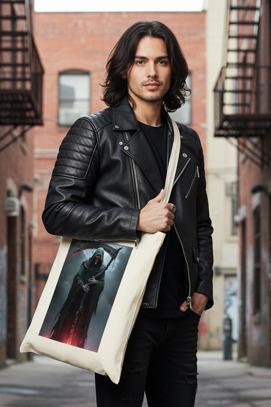 A cream-colored canvas tote bag with a large graphic print of a hooded grim reaper holding a scythe with glowing red blades, set against a plain white background.
