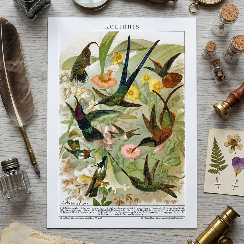 A vintage scientific illustration print titled 'KOLIBRIS.' showing several hummingbirds among tropical flowers on an aged beige paper background with printed labels at the bottom.