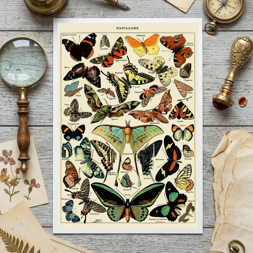 A vintage scientific illustration poster titled 'PAPILLONS' showing numerous colorful butterflies and moths arranged on a cream background with small French labels.