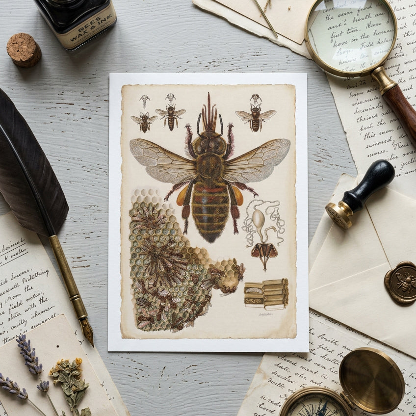 A vintage-style botanical art print of a bee and honeycomb, displayed in a flat-lay arrangement with antique desk props including a feather quill, magnifying glass, glass vials, and a rolled letter.