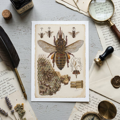 A vintage-style botanical art print of a bee and honeycomb, displayed in a flat-lay arrangement with antique desk props including a feather quill, magnifying glass, glass vials, and a rolled letter.
