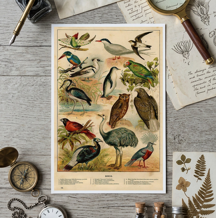 A vintage scientific bird illustration print featuring multiple species of birds including a penguin, parrots, owl, herons, and others, printed on aged beige paper with labels and text at the bottom.