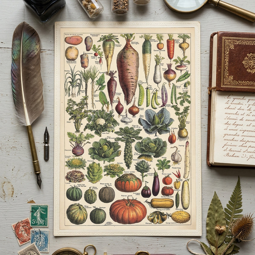 A vintage botanical illustration print featuring various vegetables with French labels on a cream-colored background.