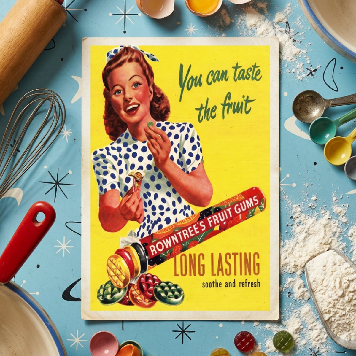 Vintage-style fruit gum advertisement with a smiling woman in a blue-and-white polka dot dress holding a piece of gum against a bright yellow background. Large text reads 'You can taste the fruit' and 'LONG LASTING soothe and refresh,' with a large tube of Rowntree's Fruit Gums shown diagonally across the lower half.