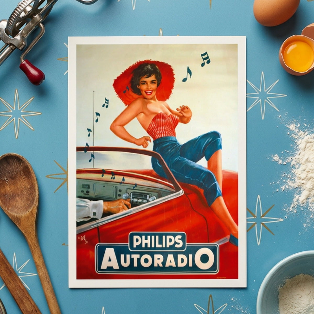 Vintage-style advertising poster for Philips Autoradio featuring a woman in a red feathered hat and blue pants leaning on a red car, with musical notes floating around and a large Philips Autoradio sign at the bottom.