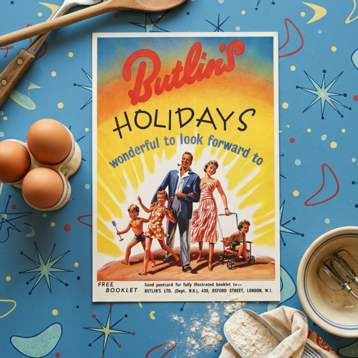 Vintage illustrated poster or booklet cover for Butlin's Holidays, featuring stylized figures in a beach-like scene with a yellow sunburst background and red and black text.