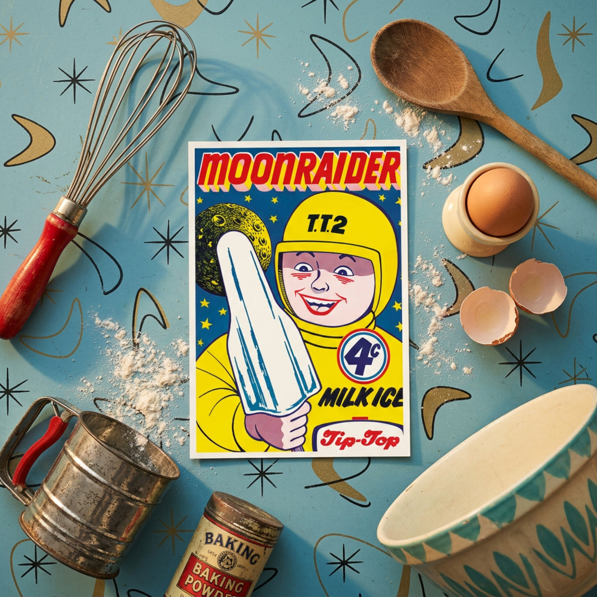Vintage-style Moon Raider milk ice cream advertisement artwork showing a smiling child in a yellow space helmet holding a popsicle, with the words 'MOONRAIDER', 'T.T.