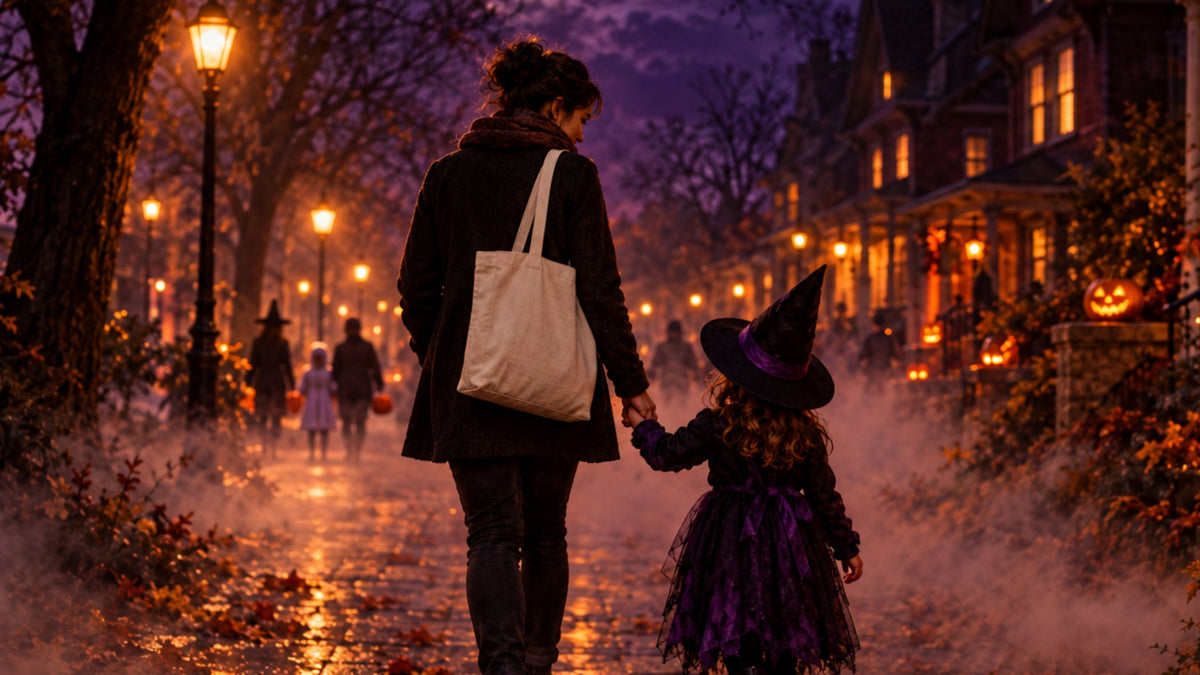 Halloween tote bag | from bubbadoodoo | parent holding Childs hand