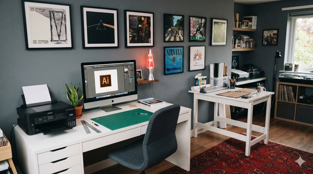 A styled home office interior featuring a white desk with a computer monitor, printer, and green mat, alongside a gray office chair and a second white desk. The room has dark gray walls decorated with framed posters and art prints, wooden flooring, and a red patterned rug.
