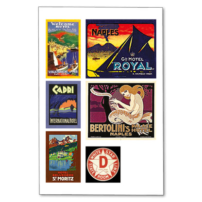 Vintage hotel luggage label stickers by Bubbadoodoo, featuring classic designs for suitcases and vintage trunks.
