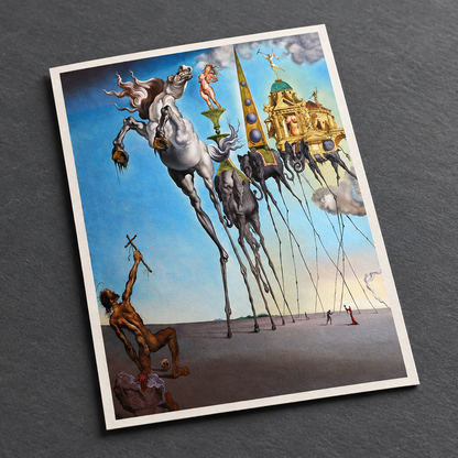 A surreal art print featuring a white horse with a rider carrying a cross, a large golden church-like structure, and a small figure holding a cross, shown on a dark textured background.