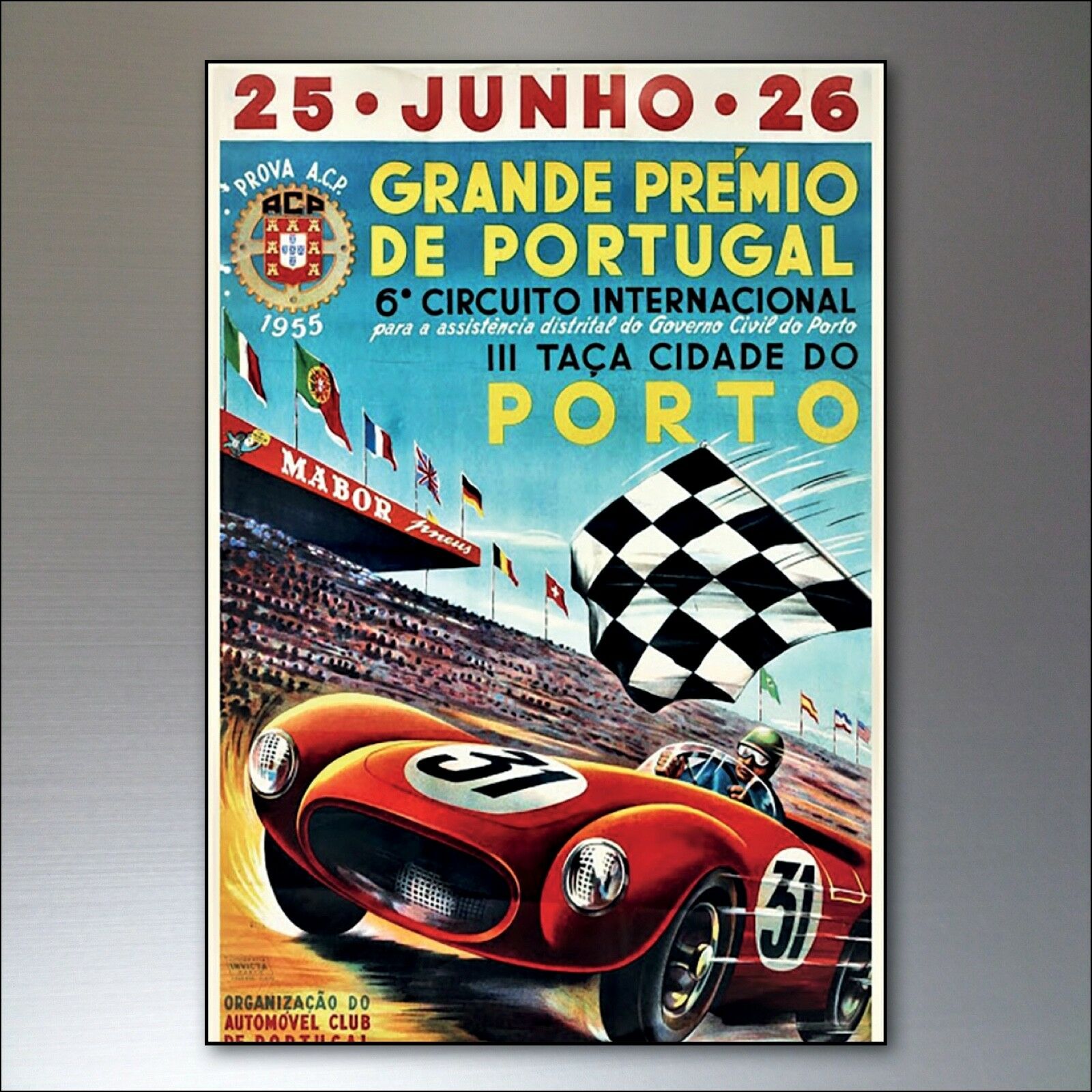 Set of 8 vintage Grand Prix themed fridge magnets by Bubbadoodoo, featuring colorful racing car designs and retro style.