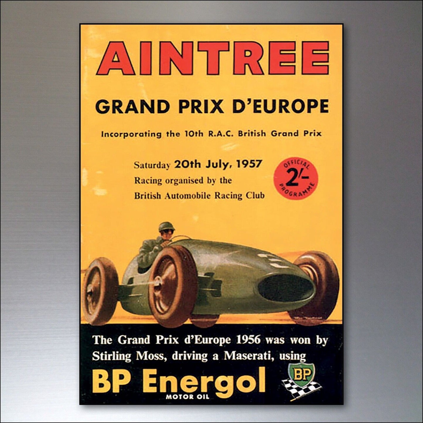 Set of 8 vintage Grand Prix poster fridge magnets by Bubbadoodoo, featuring colorful racing car designs and retro racing scenes.