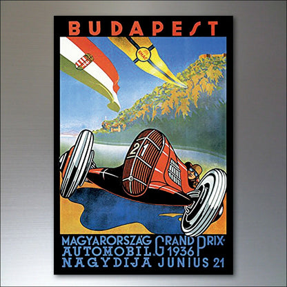 Set of 8 vintage Grand Prix poster fridge magnets by Bubbadoodoo, featuring colorful racing car designs.