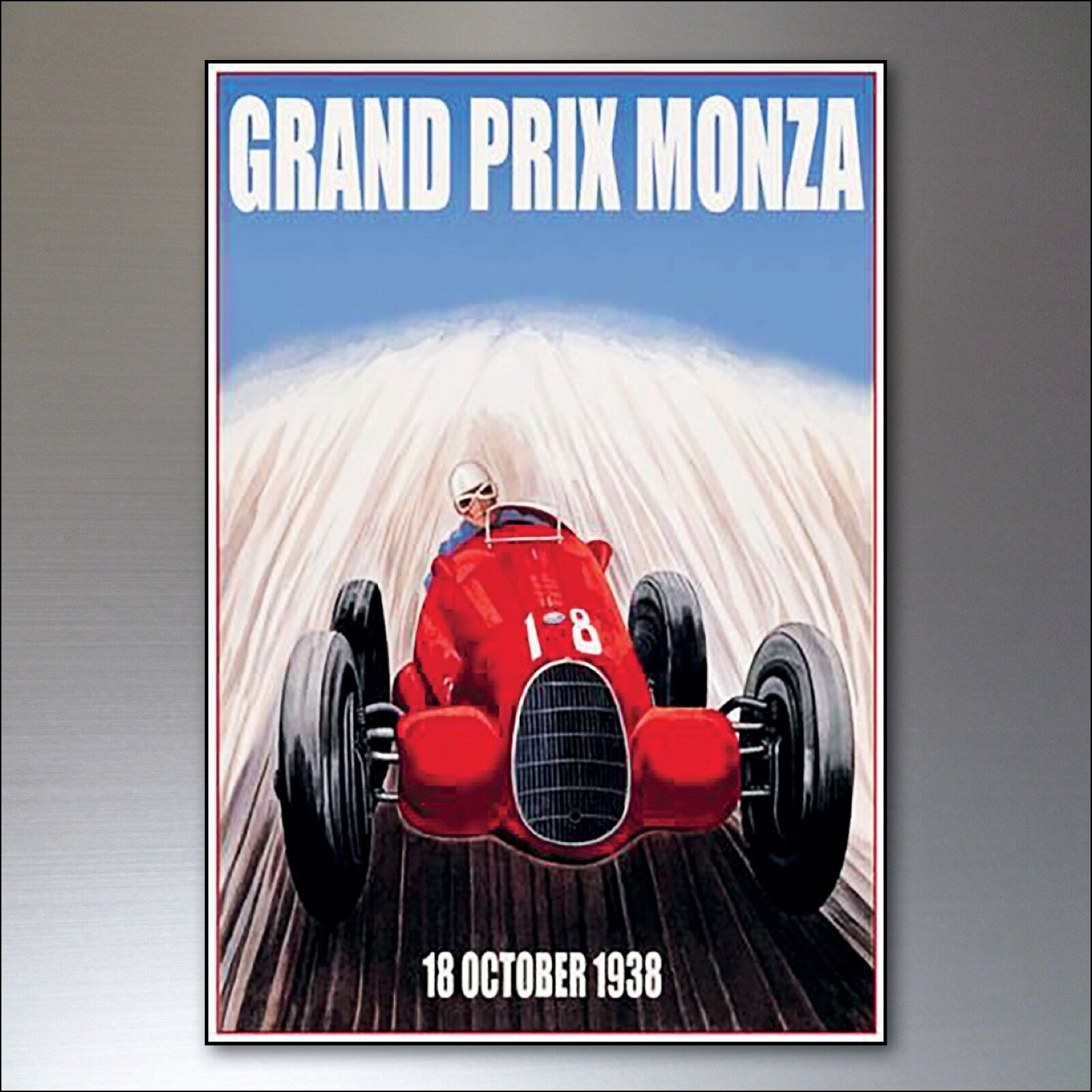 Set of 8 vintage Grand Prix poster fridge magnets by Bubbadoodoo, featuring colorful racing car designs.
