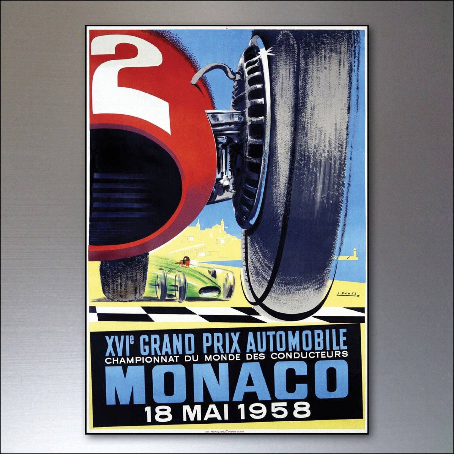 Set of 8 Vintage Grand Prix Poster fridge magnets by Bubbadoodoo, featuring colorful racing car designs on metal magnets.