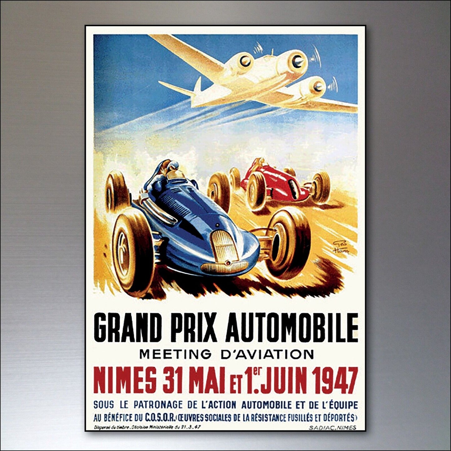 Set of 8 vintage Grand Prix poster fridge magnets by Bubbadoodoo, featuring colorful racing car designs on metal magnets.