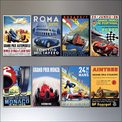 Set of 8 vintage Grand Prix poster fridge magnets by Bubbadoodoo, featuring colorful racing car designs.