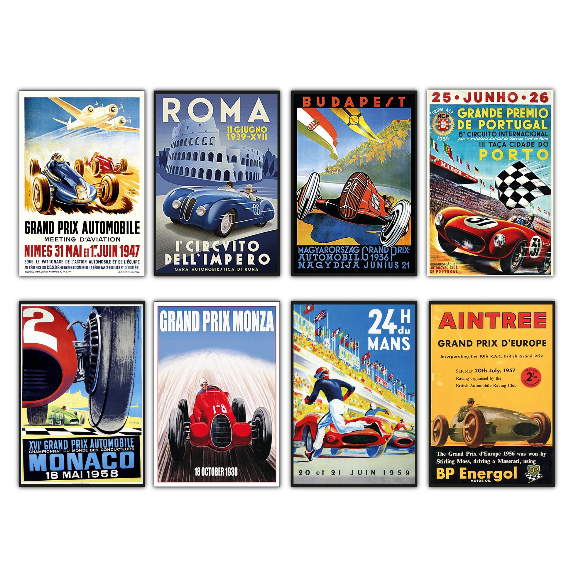 Set of 8 Vintage Grand Prix Poster fridge magnets by Bubbadoodoo featuring colorful racing car designs on white background.
