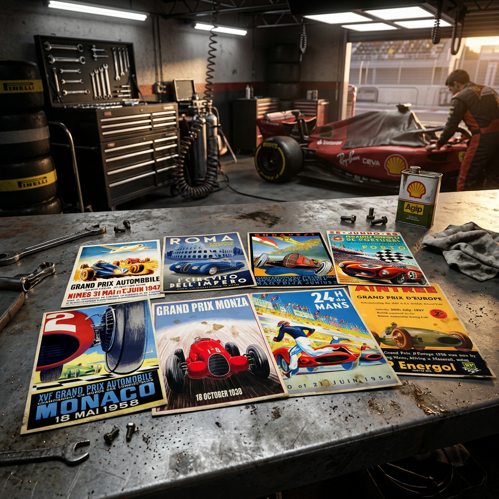 A set of eight vintage-style racing poster prints arranged in a 2x4 grid on a white background. The posters feature classic race scenes and typography for events including Monaco, Roma, Budapest, Portugal, Monza, and Mans, with prominent brands such as Aintree and BP Energizer.