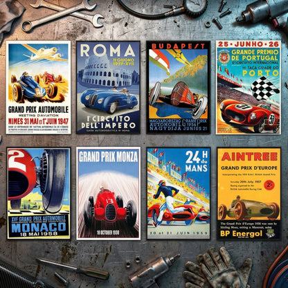 A set of eight vintage-style racing poster prints arranged in a 2x4 grid on a white background. The posters feature classic race scenes and typography for events including Monaco, Roma, Budapest, Portugal, Monza, and Mans, with prominent brands such as Aintree and BP Energizer.